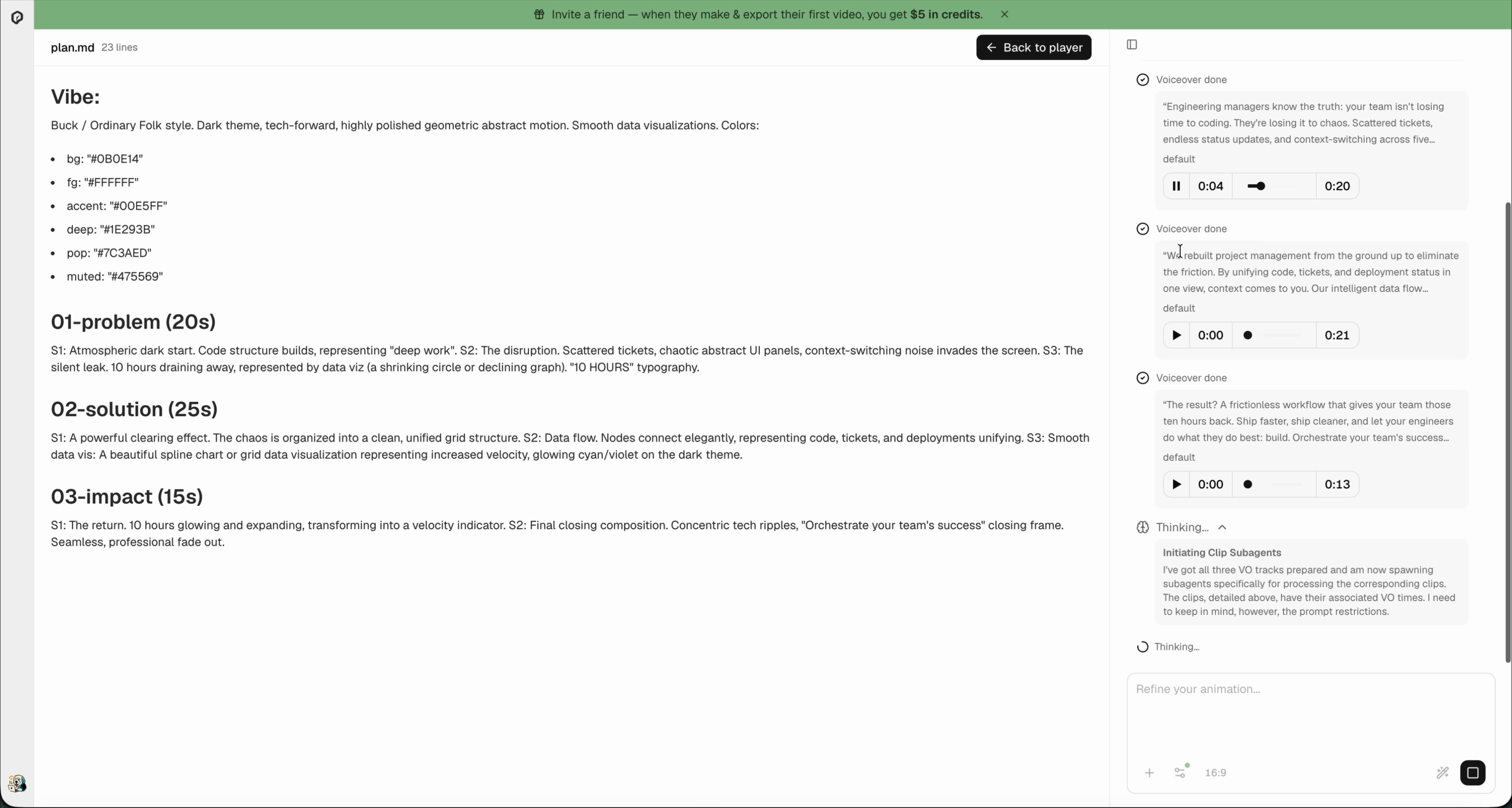 AI-generated video script with scene breakdowns and voiceover audio preview