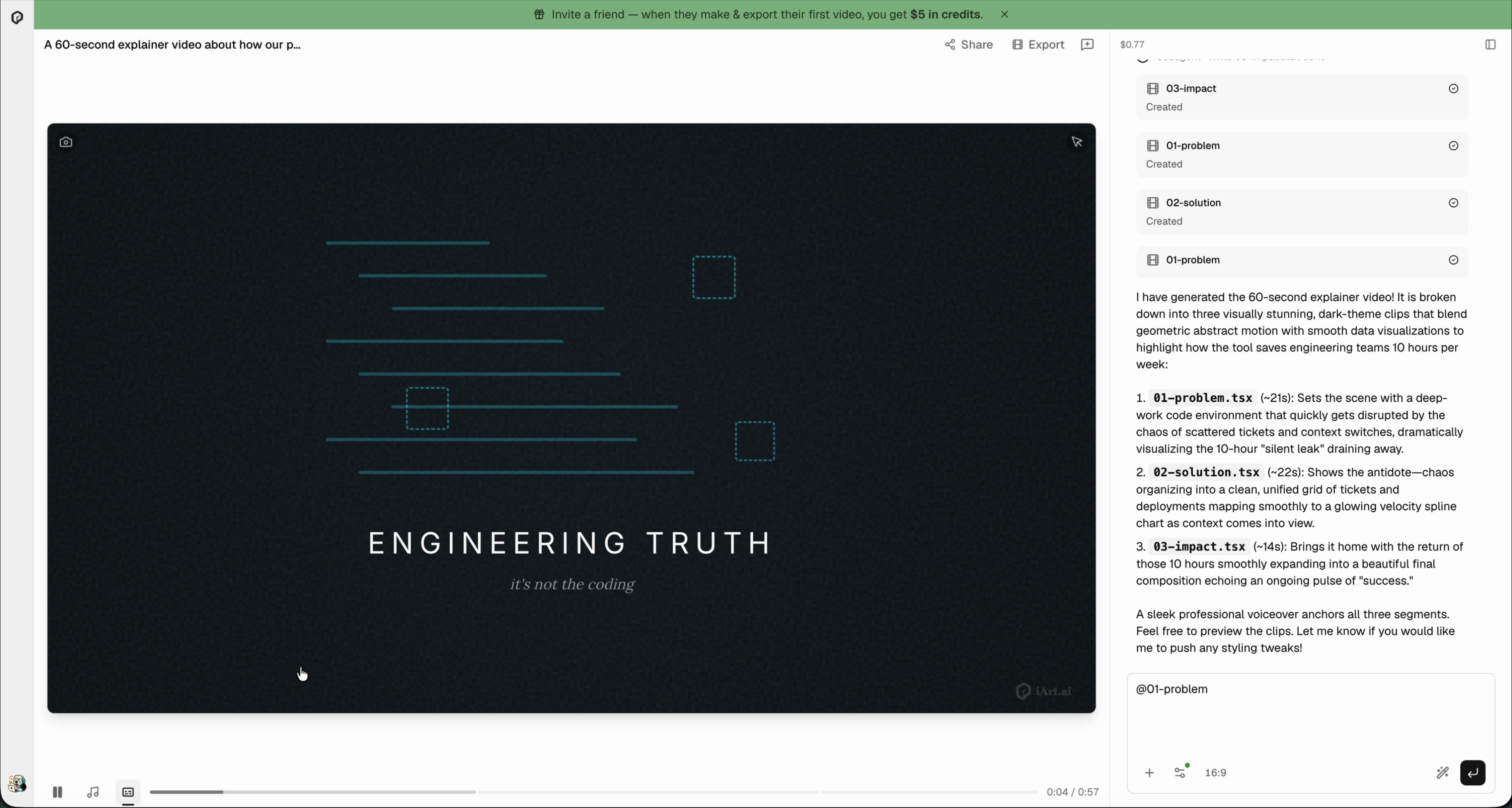 Completed animation with motion graphics playing in the preview