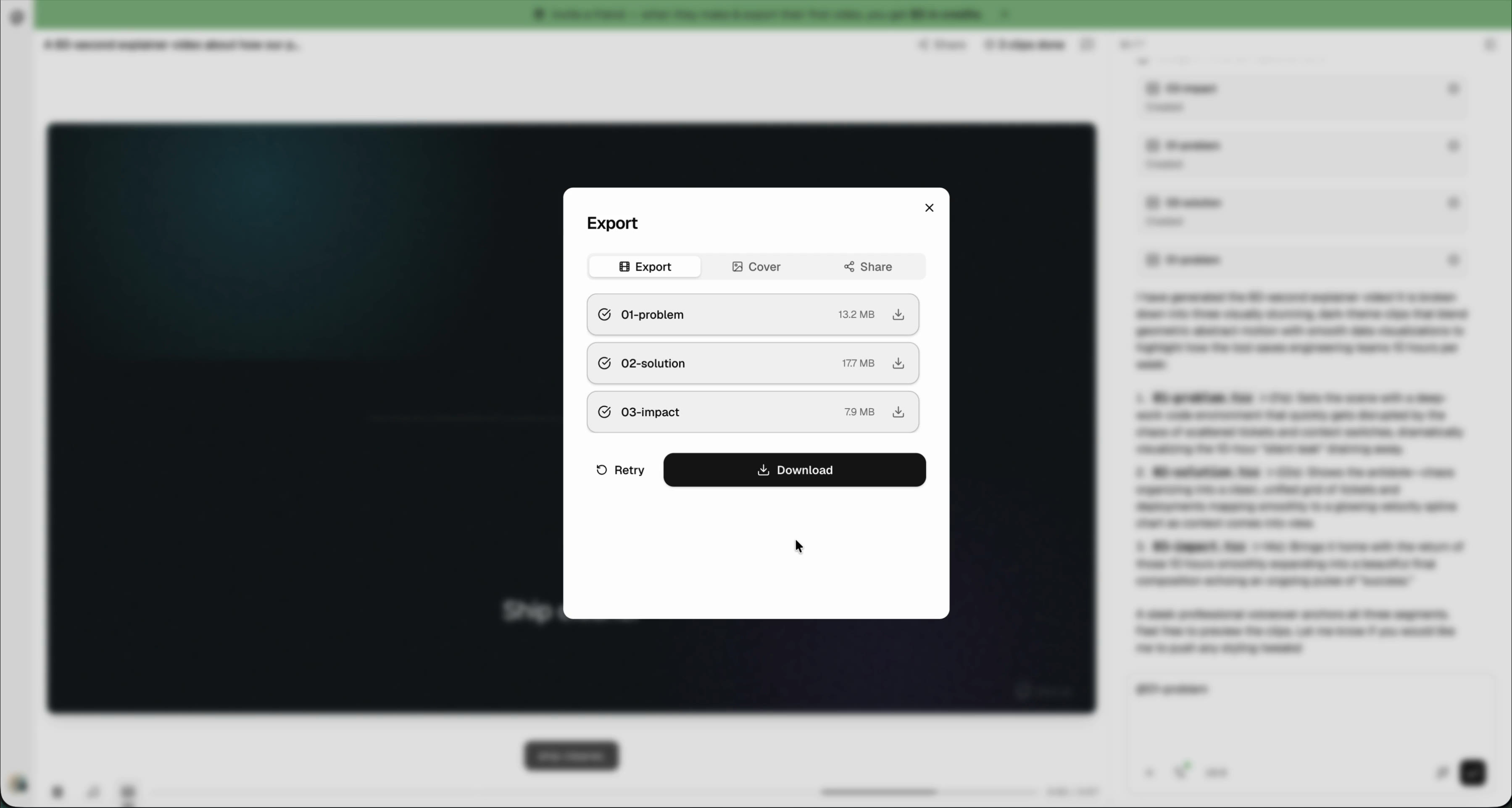 Export dialog with MP4 download for each video segment
