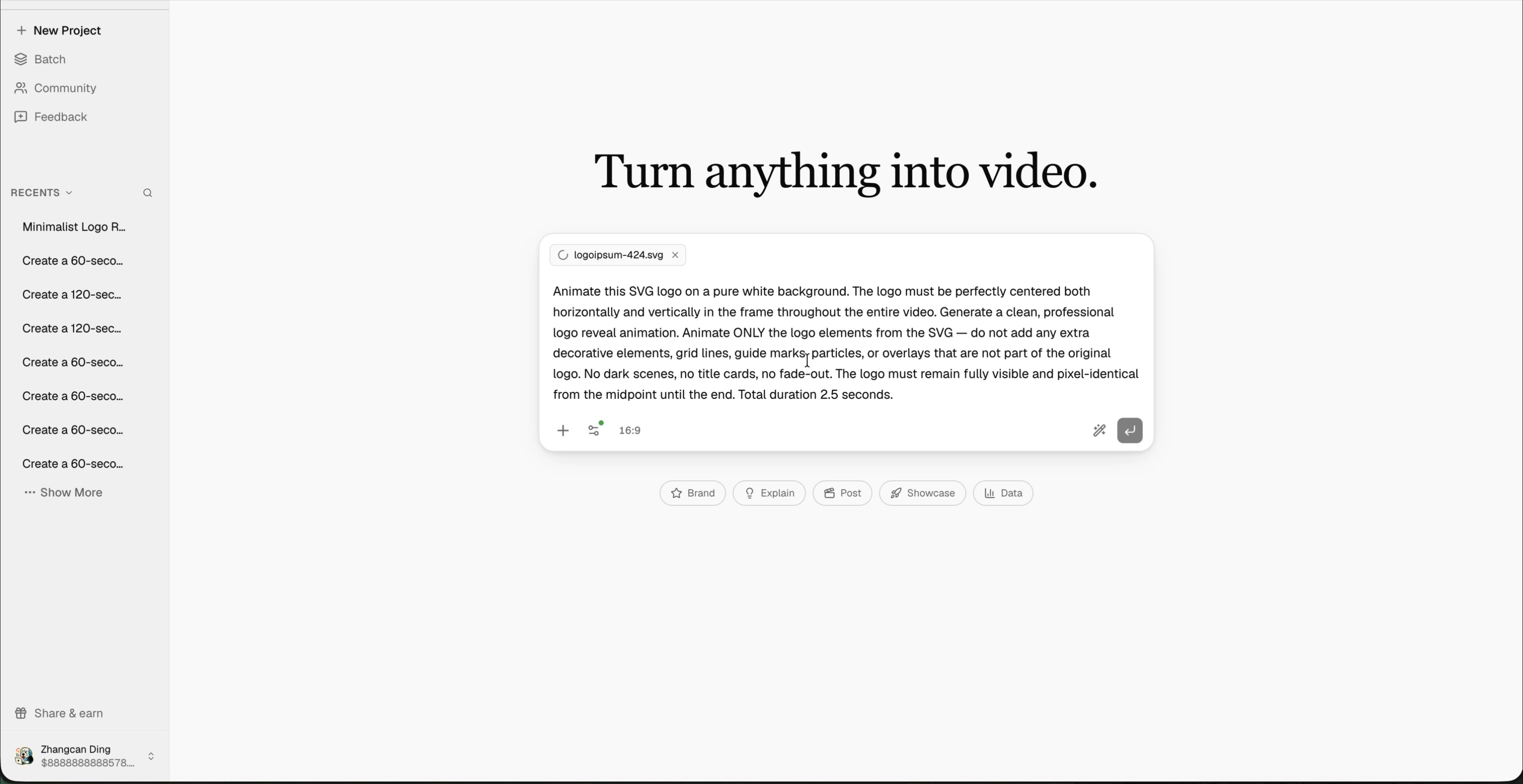 Uploading an SVG logo and writing an animation prompt in iArt