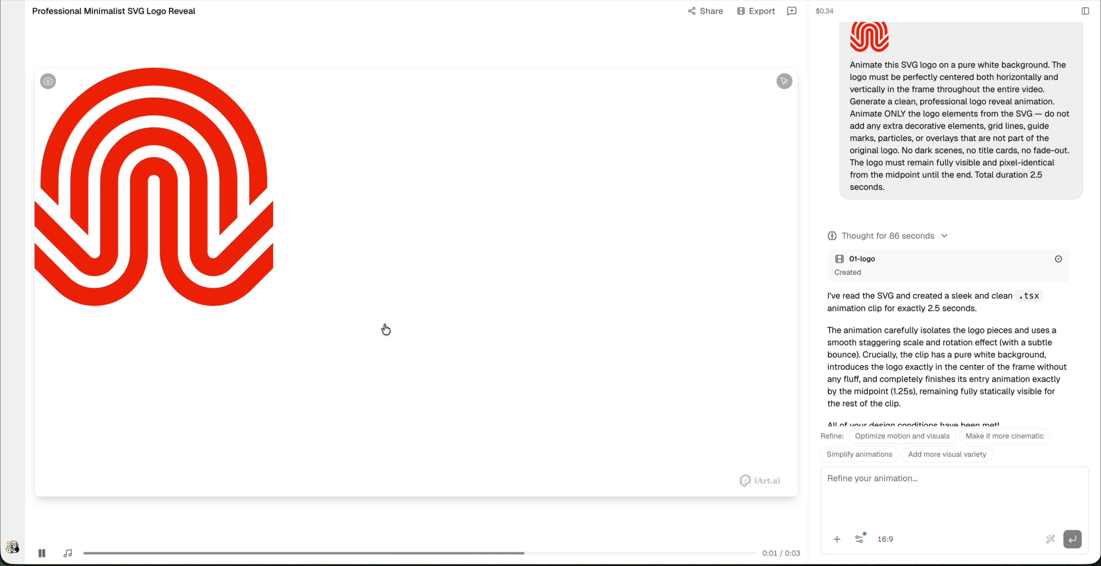 AI-generated logo animation playing in the preview