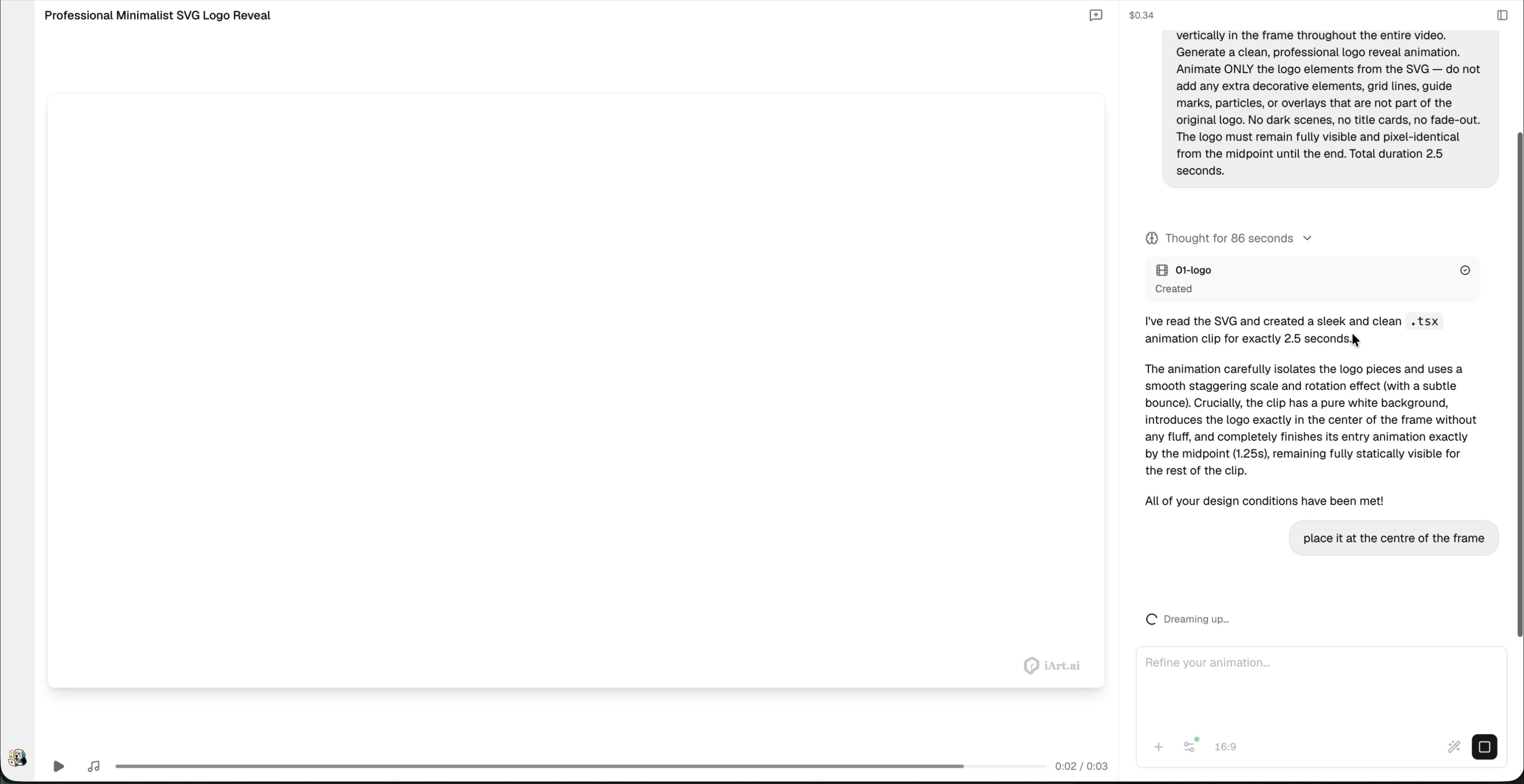 Typing a refinement prompt to adjust logo position