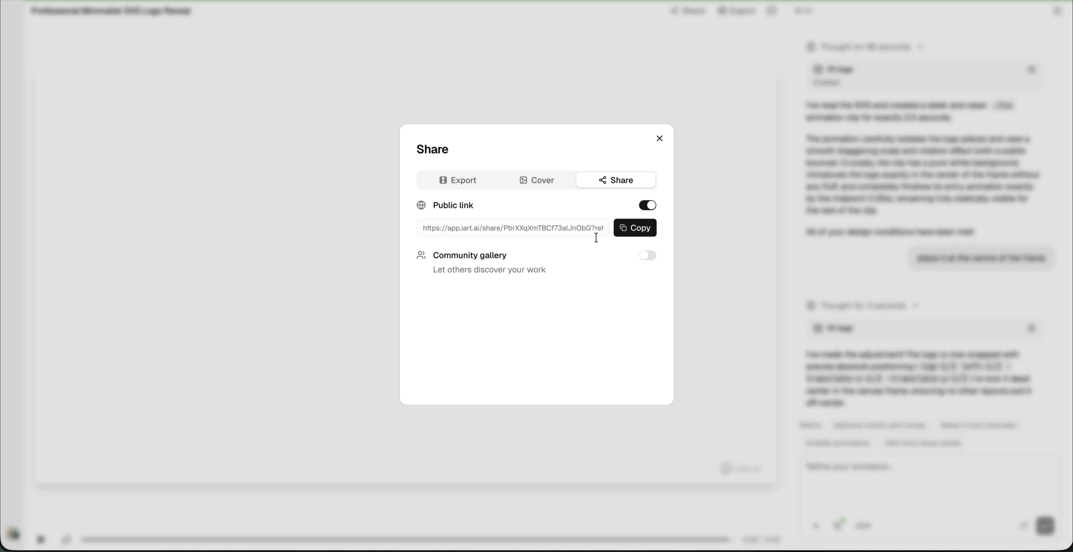 Share dialog with public link copied