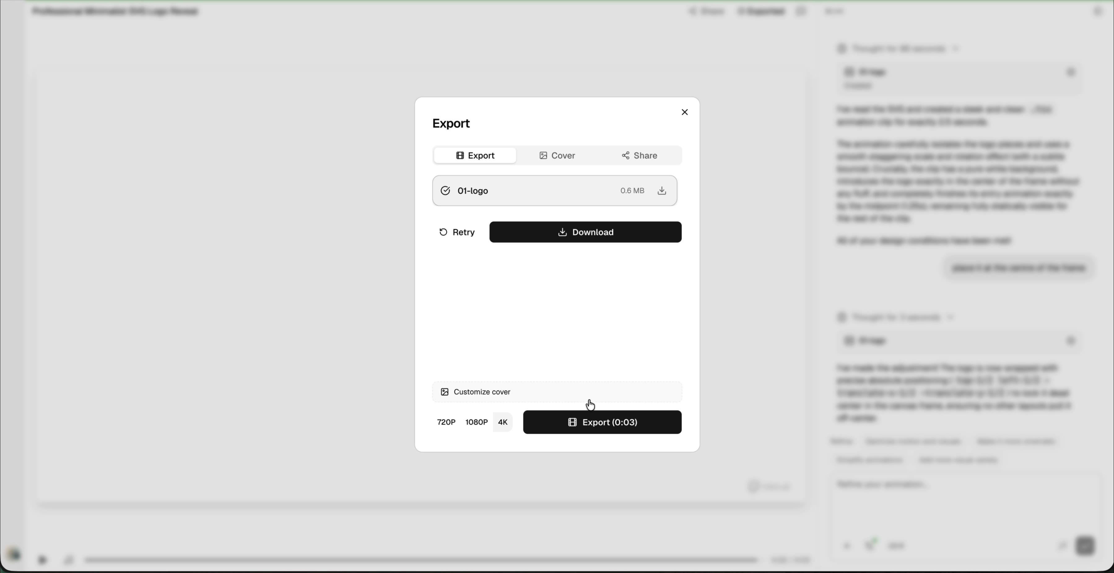 Export dialog with resolution options and download button