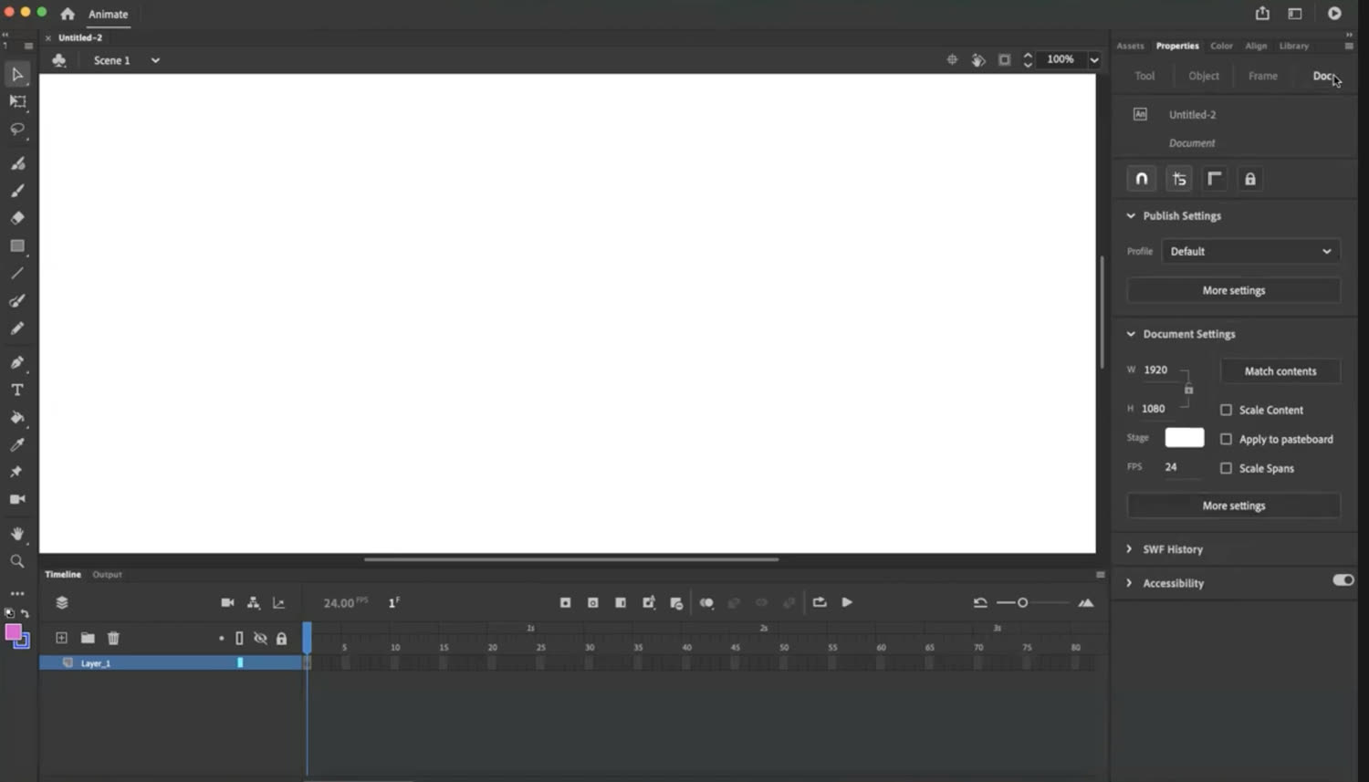 L'espace de travail d'Adobe Animate — une scène vierge avec une palette d'outils, une timeline et les panneaux Propriétés, Bibliothèque, Couleur et Alignement