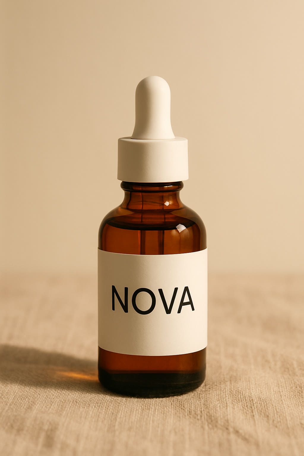 Input product photo: amber glass serum bottle with a white NOVA label