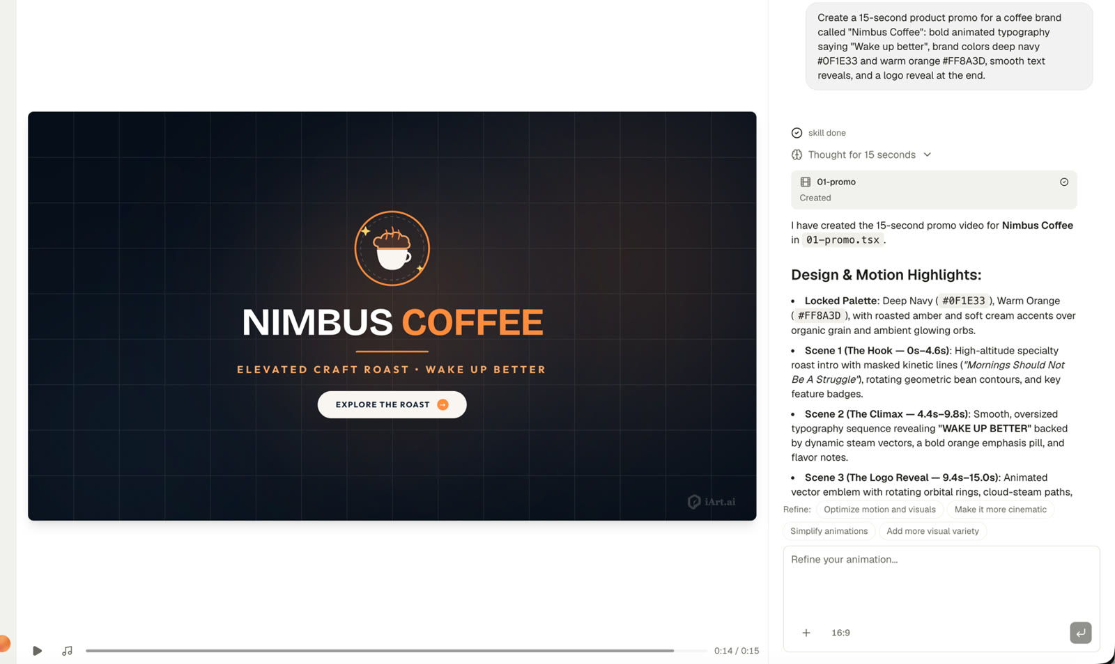 iArt.ai agent completing the Nimbus Coffee promo brief: finished logo reveal frame with the agent's scene-by-scene design notes