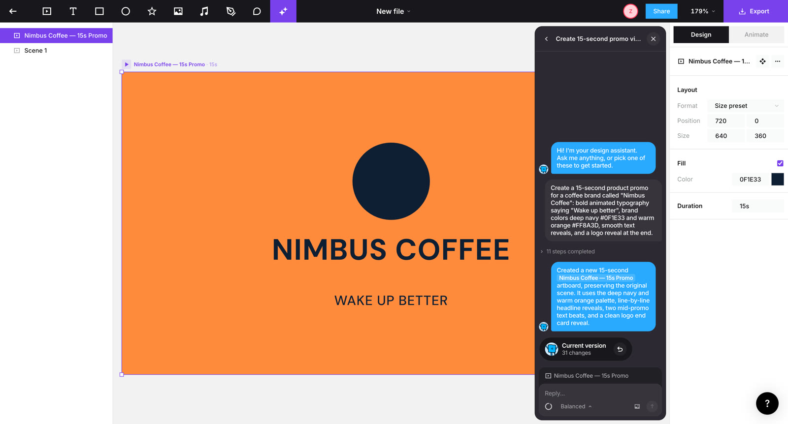 Jitter AI assistant result for the Nimbus Coffee brief: a flat orange title card with placeholder logo inside the Jitter editor