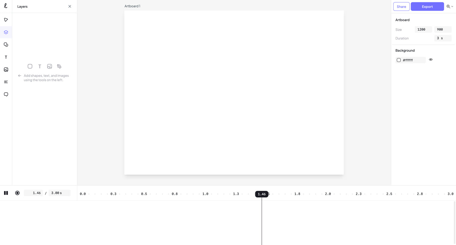 LottieLab editor with a blank new file: layers panel, artboard properties, and timeline — a manual Lottie animation workflow