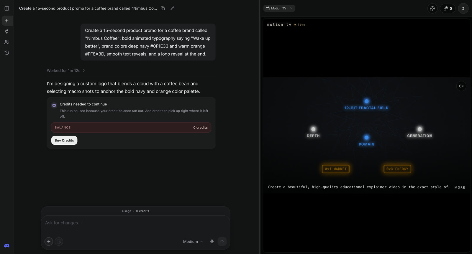 Motion.so agent paused at a Buy Credits paywall 72 seconds into the Nimbus Coffee brief, with a zero-credit balance