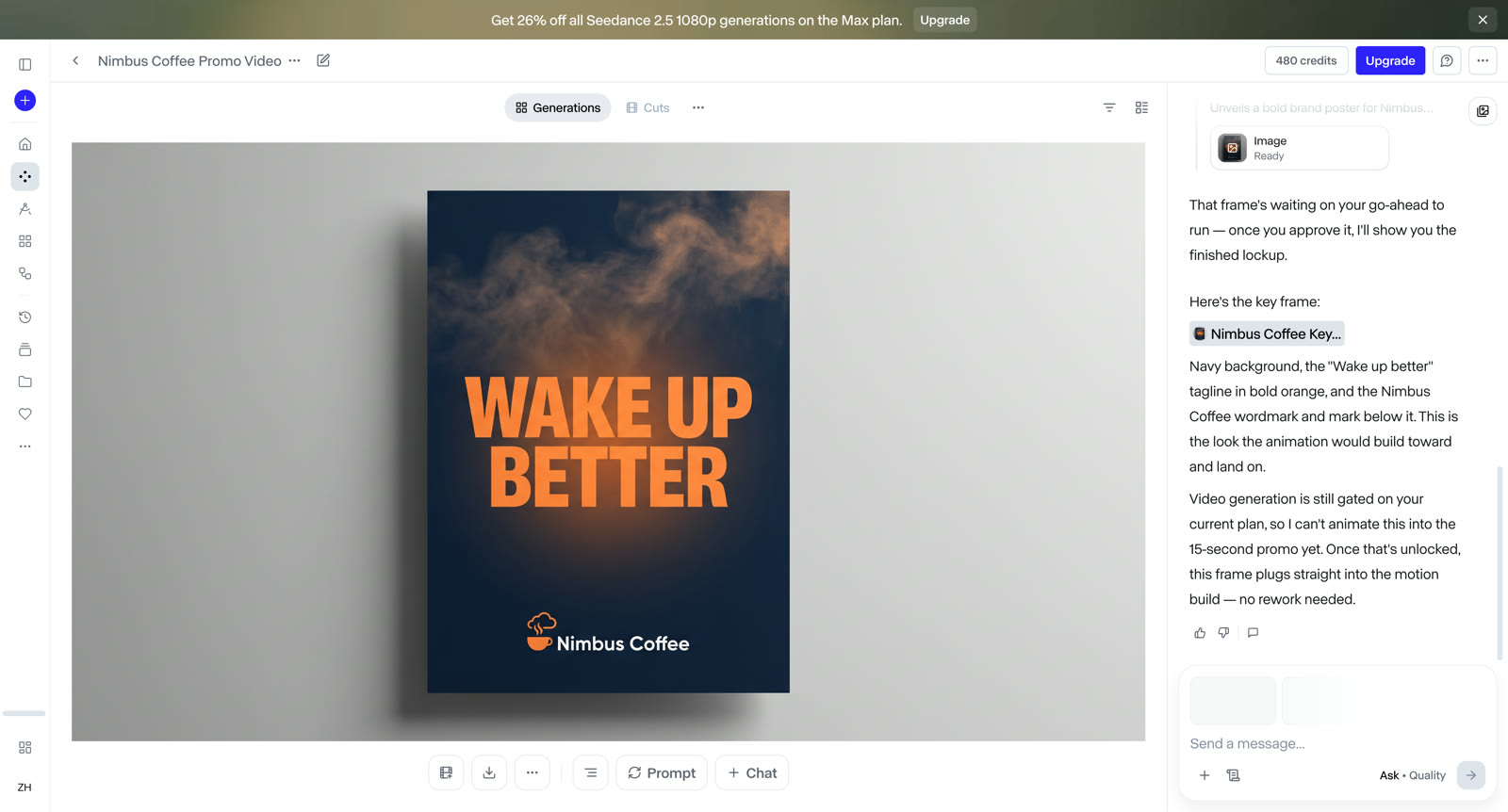 Runway agent's still key frame for the Nimbus Coffee brief: accurate typography poster, with video generation locked behind a paid plan