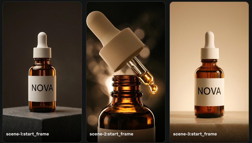 Quadros iniciais do Creatify para o sérum NOVA: três cenas com o rótulo preservado