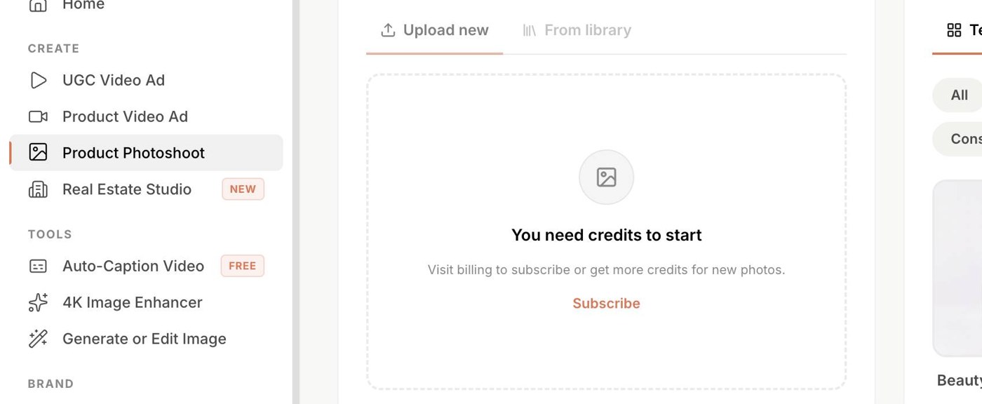 Tela de sessão de fotos de produto do Shhots com o botão de upload trancado: "You need credits to start — Subscribe"