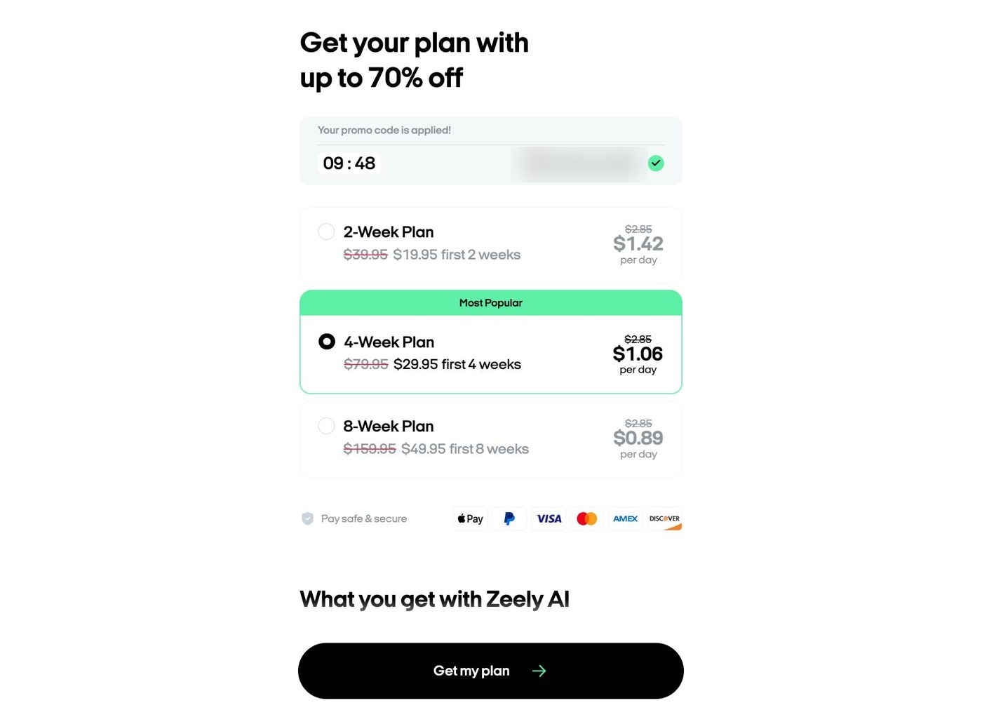 Paywall do Zeely após o onboarding: planos de 2, 4 e 8 semanas, sem opção gratuita
