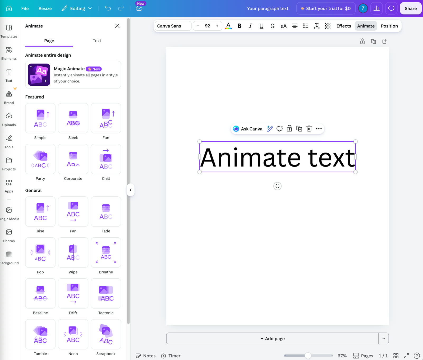 Canva's Magic Animate panel applying an AI-chosen animation style (Simple, Sleek, Fun, Corporate) to the whole design, tagged as a Canva Pro feature