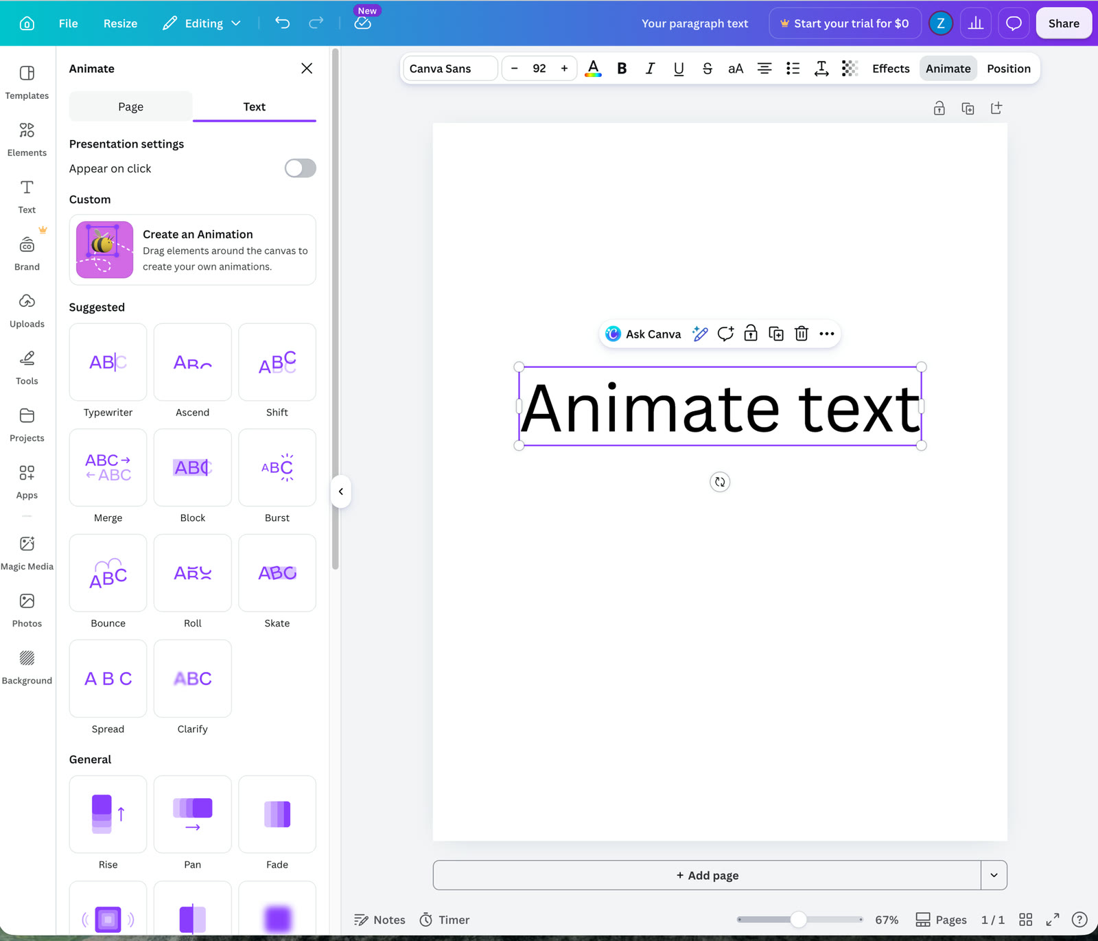 Canva's text Animate panel showing preset animations — Typewriter, Ascend, Shift, Merge, Block, Burst, Bounce, Roll, Skate — applied to a text box