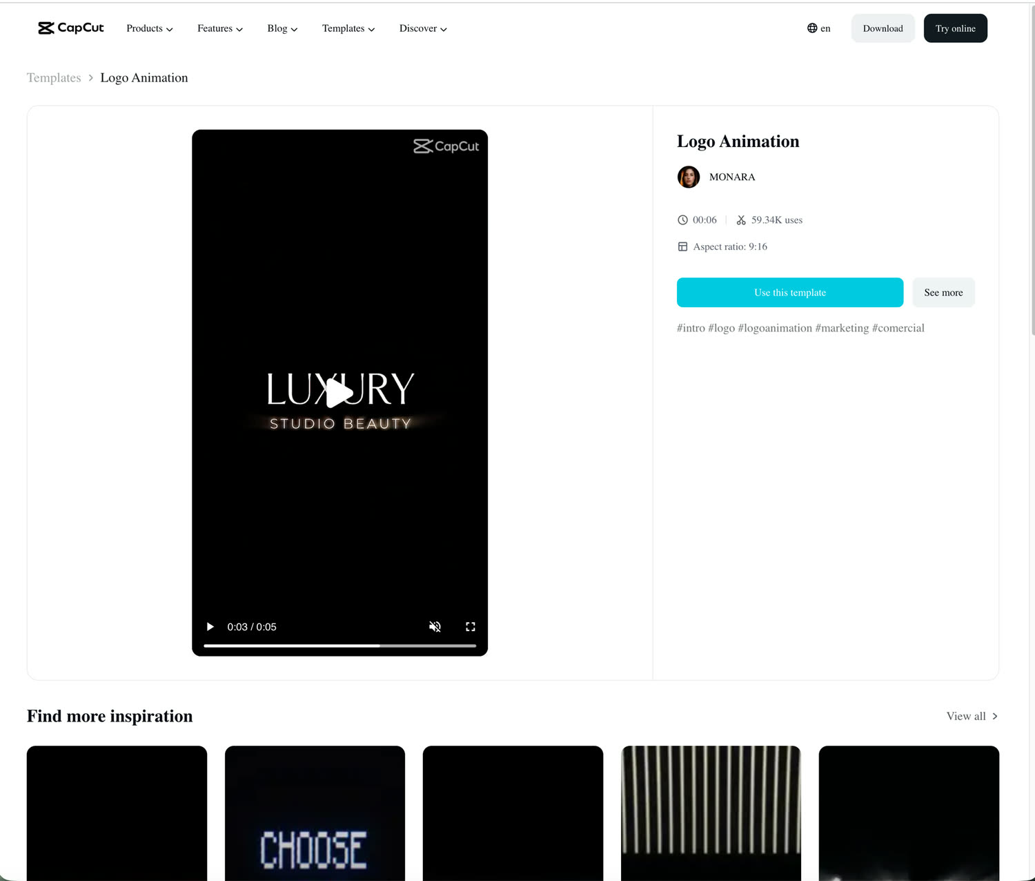 Une page de galerie de modèles CapCut montrant un modèle « Logo Animation » avec 59K utilisations et un bouton « Use this template », ainsi qu'une grille de modèles similaires