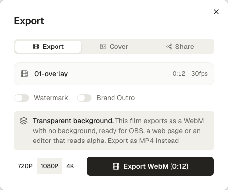 El diálogo de exportación de un lower third transparente: Export WebM