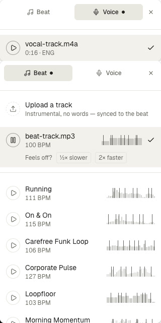 iArt のオーディオ同期アップロード:Voice タブでボイスオーバーが 0:16・ENG とタグ付けされ、Beat タブで自作インストゥルメンタルが 100 BPM と検出された画面
