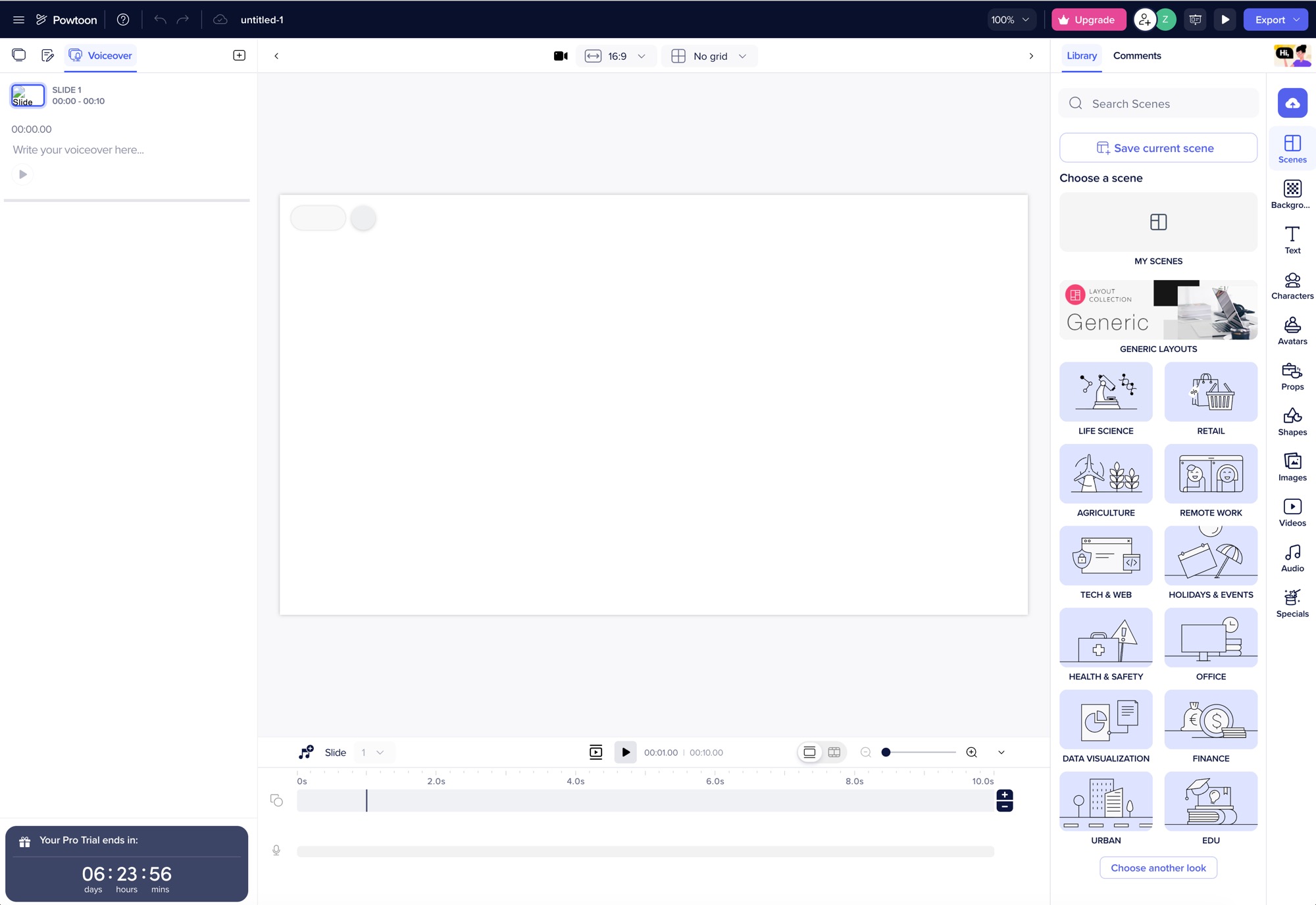 The Powtoon editor showing its scene and template library — Generic, Life Science, Retail, Tech & Web, Data Visualization — plus Characters, Avatars, and Props panels