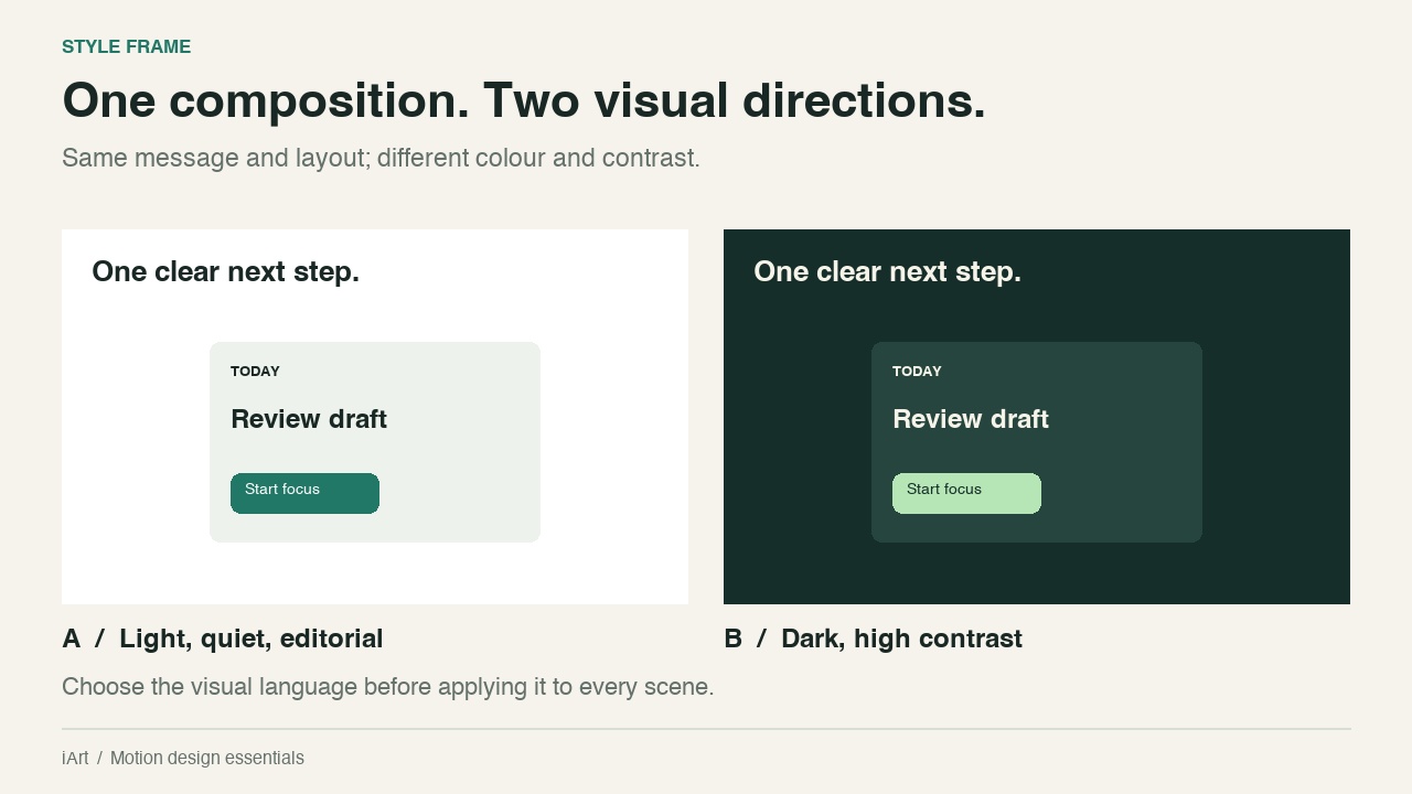 The same Focus Desk scene in two treatments: a light background with green accents and a dark green background with pale accents.